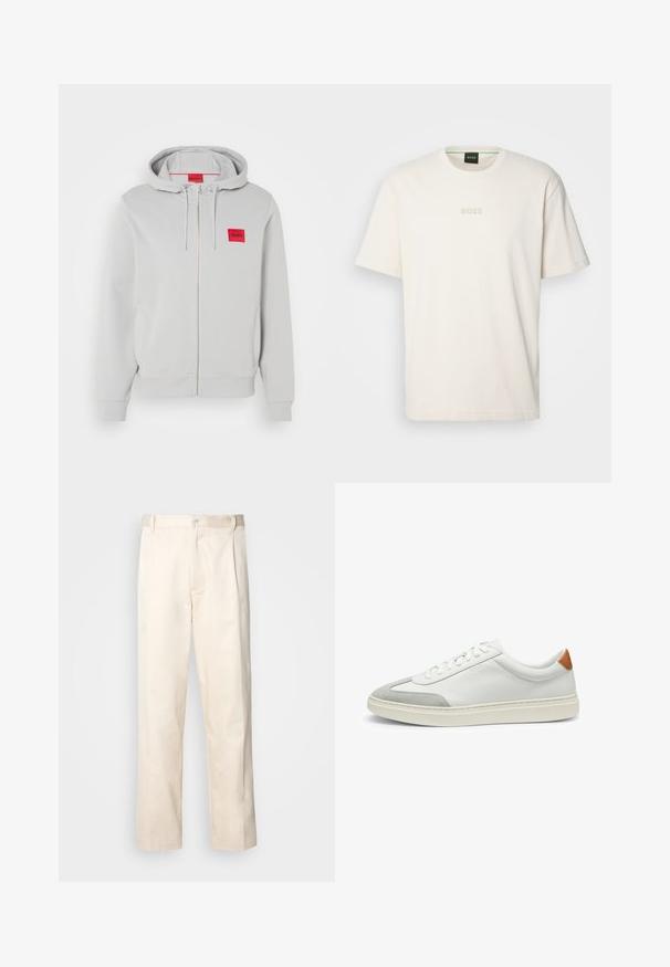 Light gray zip-up hoodie with a drawstring hood, side pockets, ribbed cuffs, and a small red square logo with the brand name on the chest.; BOSS TEE - Basic T-shirt - open white; Beige cotton trousers with a straight-leg cut, featuring a button closure and pleats at the front for added detail.; White leather sneakers with gray suede accents and a tan leather heel tab. Features a textured surface and lightweight sole.