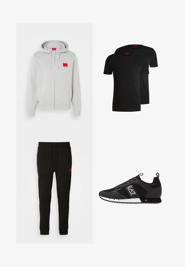 Felpa zip grigia chiara con cappuccio regolabile, tasche laterali, polsini a costine e un piccolo logo quadrato rosso con il nome del marchio sul petto.; Due magliette di cotone nere con maniche corte e scollo rotondo. Entrambe presentano un'etichetta rossa del marchio sul collo. Design semplice e classico.; Pantaloni felpati neri realizzati in tessuto morbido, con vita regolabile tramite cordoncino, vestibilità slim e una patch rossa con logo sulla coscia sinistra.; EA7 Emporio Armani Sneakers basse - black/white