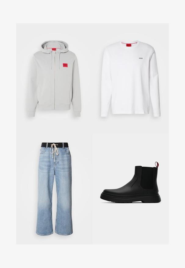 Gaišs pelēks kapuce zips džemperis ar auklu, sānu kabatām, ribotām piedurknēm un mazu sarkanu kvadrātu logotipu ar zīmola nosaukumu uz krūšu.; Balts garo piedurkņu krekls no kokvilnas, ar apaļu kakla izgriezumu, melnu "HUGO" logotipu kreisajā krūtī un gludu tekstūru.; Gaiši zili plati bikses ar melnu elastīgu jostu, kam ir aukliņas aizdare un klasiskā piecu kabatu dizains.; Melnas potītes ar gludu apdari, elastīgiem sānu paneļiem un kontrastējošu sarkano cilpu, aprīkotas ar biezu gumijas zoli un noapaļotu purngalu.