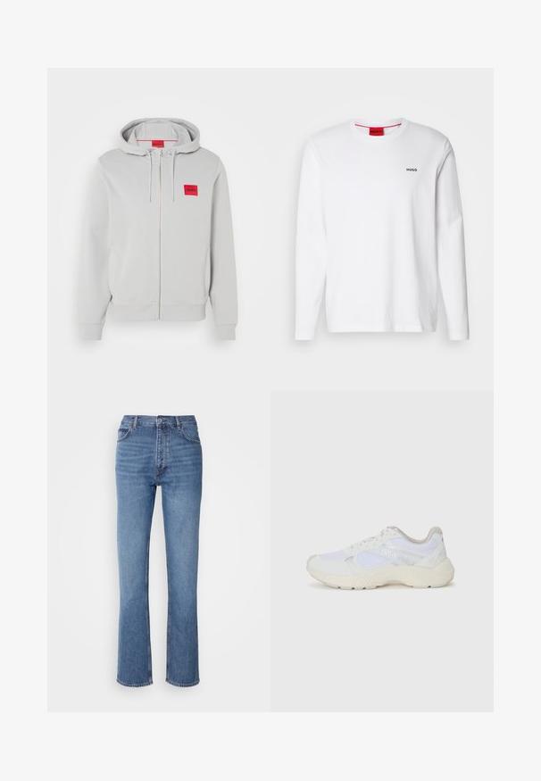 Svijetlosiva dukserica na zip s kapuljačom na vezanje, bočnim džepovima, rebrastim rukavima i malim crvenim kvadratnim logotipom s nazivom branda na prsima.; Bijela košulja dugih rukava od pamuka, s okruglim izrezom, crnim logom "HUGO" na lijevoj strani grudi i glatkom teksturom.; Plave traperice s visokim strukom, ravnim krojem i suptilnim izbljeđivanjem. Imaju klasičan stil s pet džepova i zatvaranje na patentni zatvarač.; Bijele atletske tenisice napravljene od mrežastog materijala i kože antilop, s teksturiranom srednjom potplatom, teksturiranim detaljima i "HUGO" logotipom sa strane.