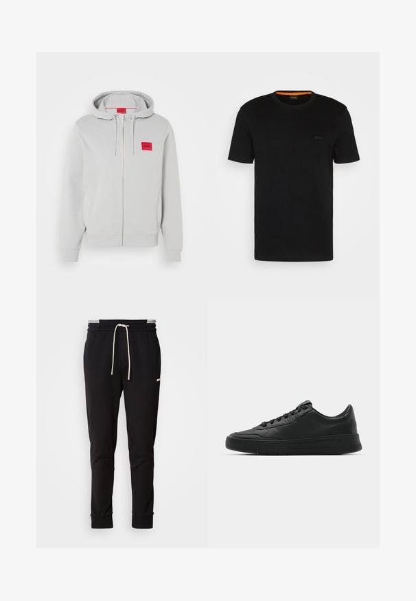 Hellegrauer Reißverschluss-Hoodie mit Kapuze zum Zuziehen, Seitentaschen, gerippten Bündchen und einem kleinen roten quadratischen Logo mit dem Markennamen auf der Brust.; Schwarzes, kurzärmeliges T-Shirt aus weichem Stoff, mit rundem Ausschnitt und einem dezenten Logo auf der Vorderseite. Der Innensaum hat einen orangefarbenen Akzent.; Schwarzere Slim-Fit-Jogginghose mit weißem Kordelzug, gerippten Bündchen und subtilen Logo am Oberschenkel auf einem schlichten Hintergrund.; Schwarze Sneaker mit glattem Lederobermaterial, runder Zehenpartie, flachen Schnürsenkeln, gepolstertem Kragen und minimalistischem Design. Gummisohle mit subtiler Profilierung.