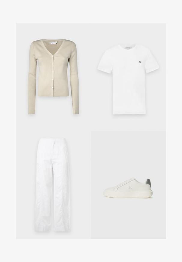 Bež ribaga disainiga kardigan V-kaelusega, pikkaes sleeve'idega ja ees nupu sulgemisega. Omab peent kudumisse tekstuuri ja õrnalt sära.; Valge puuvillane T-särk lühikeste varrukatega ja ümmarguse kaelusega. Vasakul rinnal on väike must "ck" logo. Sile tekstuur.; Valged laiad püksid, mis on valmistatud kergetest materjalidest, omades siledat tekstuuri, puhtaid jooni ja kõrget vöökohta.; Valged nahast tenniseketsad sujuva tekstuuriga, hõbedase aktsendiga kandadel, lame tallaga ja minimalistliku disainiga.