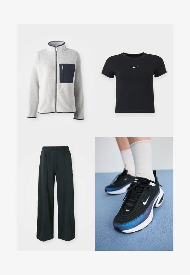 Gray fleece jacket with high collar, navy pocket, and contrasting trim. Features a front zipper and long sleeves. Soft texture.; Black short-sleeve t-shirt made of cotton with a round neckline. Features a white Nike logo on the chest, minimalistic design, and fitted shape.; Black, wide-leg athletic pants with an elastic waistband. Made from smooth, stretchy fabric, featuring subtle front seams and no pockets.; Black Nike sneakers with a smooth fabric upper, featuring a gradient blue-to-black design, white sole, and prominent logo accents.