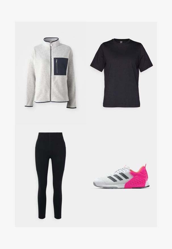 Giacca in pile grigia con colletto alto, tasca blu navy e rifiniture a contrasto. Presenta una zip frontale e maniche lunghe. Texture morbida.; T-shirt nera in cotone con maniche corte, colletto a giro e design semplice. Texture liscia e taglio dritto all'orlo.; Leggings neri a vita alta realizzati in materiale elastico, con tasche laterali e cuciture lisce per un aspetto slanciato.; Scarpa sportiva bianca con strisce grigie, parte superiore in rete e tallone e dettagli rosa. Presenta un tallone testurizzato e una suola in gomma. Lacci e collare imbottito.