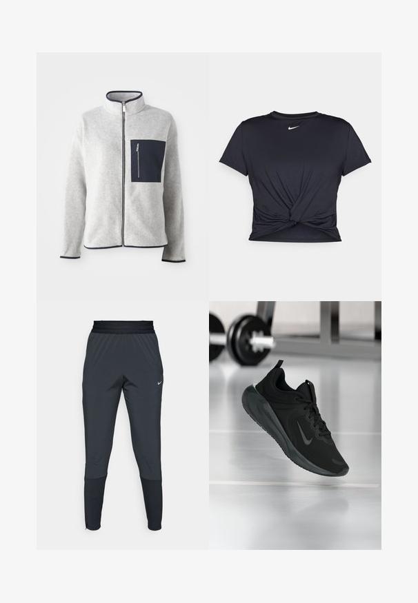Gray fleece jacket with high collar, navy pocket, and contrasting trim. Features a front zipper and long sleeves. Soft texture.; Black athletic t-shirt made of smooth fabric, featuring a knotted front design and a small white Nike logo on the chest.; Nike athletic pants in dark gray, featuring a tapered leg design, elastic waistband, and accent details near the cuffs.; Black sports sneaker with Nike logo, shown mid-air on gym floor, with blurred dumbbell rack in background.