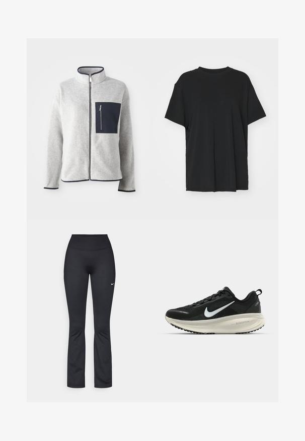 Harmaa fleece-takki, jossa on korkea kaulus, tummansininen tasku ja erottuva trimmi. Varustettu etuvetoketjulla ja pitkillä hihoilla. Pehmeä rakenne.; Musta lyhythihainen t-paita, joka on valmistettu sileästä kankaasta. Paidan muotoilu on pyöreä kaula-aukko ja väljä istuvuus. Lisämukavuutta ja hengittävyyttä lisäävät sivuhalkiot.; Mustat urheilutrikoot, joissa on korkea vyötärö, valmistettu sileästä, joustavasta kankaasta. Vasemmassa reisissä pieni valkoinen Nike-logo.; Mustat Nike-juoksukengät, joissa on hengittävä verkko-osa, valkoinen swoosh-logo, teksturoitu yksityiskohtaus ja kermaisen värinen ZoomX-välipohja.
