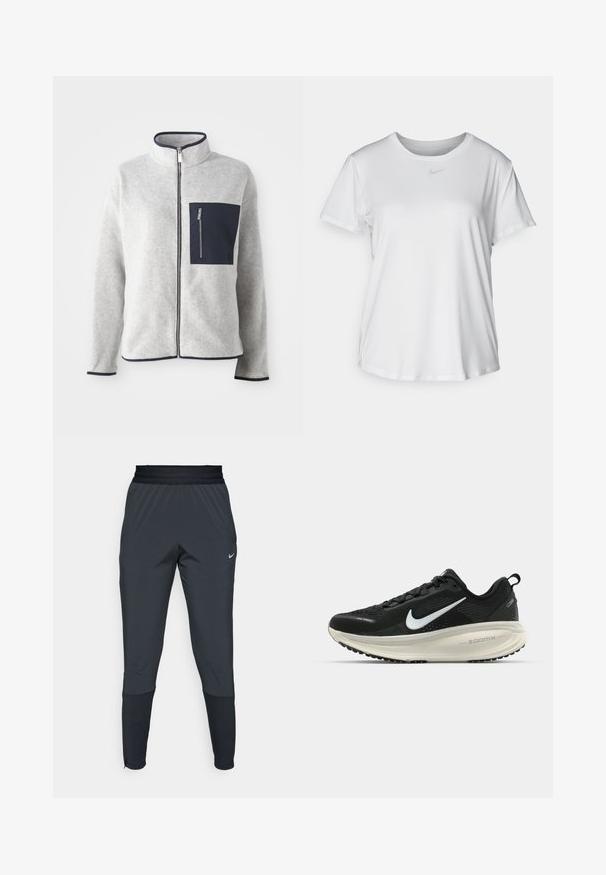 Hallhallane fliisjakker kõrge kaelusega, tumesinine tasku ja kontrastsed ääred. Omab frontaalset lukku ja pikki varrukaid. Pehme tekstuur.; Valge lühikeste varrukatega T-särk, mis on valmistatud siledast kangast, ümarate kaelustega ning mille rinnal on väike hall Nike logo.; Nike spordipüksid tumeshallis, kitsa jala disainiga, elastse vöökoha ja aktsentdetailidega pahkluude lähedal.; Musthave mustus Nike jooksujalats, millel on hingav võrgust ülemine osa, valge swoosh logo, tekstuuriga detailid ja kreemja värvusega ZoomX vahevöö.