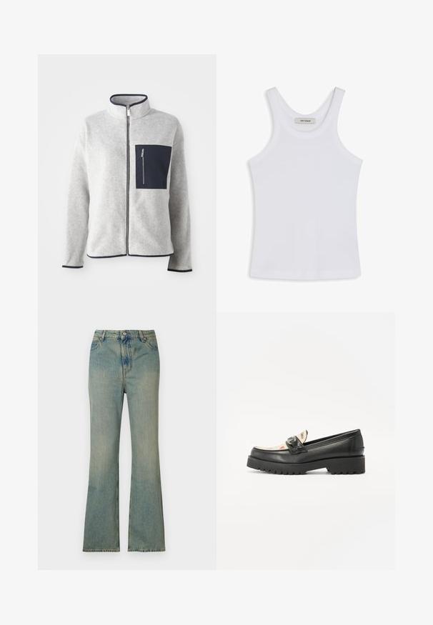 Γκρίζα φλις ζακέτα με ψηλό γιακά, ναυτικό μπλέ τσεπάκι και αντίθετη φάσα. Διαθέτει μπροστινό φερμουάρ και μακριά μανίκια. Μαλακή υφή.; Λευκό αμάνικο μπλουζάκι από λείο ύφασμα, με στρογγυλή λαιμόκοψη και φαρδιές τιράντες, με ετικέτα στο εσωτερικό που αναφέρει "IVY OAK."; Ανοιχτό μπλε τζιν παντελόνι flare με ψηλή μέση, πέντε τσέπες και φερμουάρ. Καθαρό, ξεθωριασμένο φινίρισμα με διακριτές ραφές.; Μαύρες δερμάτινες loafers με χοντρή καουτσούκ σόλα, τετράγωνη μύτη και διακοσμητική λωρίδα. Ο σχεδιασμός περιλαμβάνει μια πατημένη σόλα με σχέδιο καρδιές.