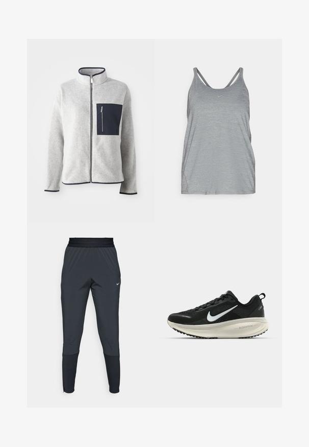Šedá fleecová bunda s vysokým límcem, námořnickou kapsou a kontrastními lemy. Disponuje předním zipem a dlouhými rukávy. Měkká textura.; Šedý atletický tílko vyrobené z měkké, strukturované látky, s dvojitým designem ramínek a malým logem Nike na hrudi.; Nike sportovní kalhoty v tmavě šedé barvě, s tapered nohavicemi, elastickým pasem a akcentními detaily poblíž manžet.; Černá běžecká obuv Nike s prodyšným síťovaným svrškem, bílým logem swoosh, texturovanými detaily a krémovou mezipodešví ZoomX.