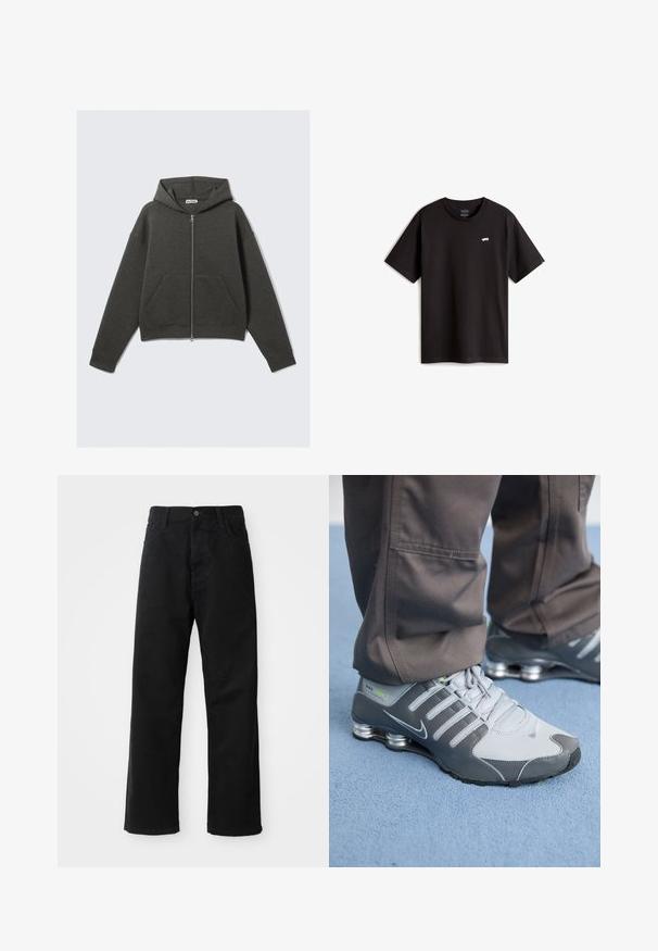 Dunkelgrauer, verkürzter Hoodie mit einem Frontreißverschluss, einer Kapuze mit Kordelzug und zwei seitlichen Taschen. Mit gerippten Bündchen und weichem Material.; Schwarzes Baumwoll-T-Shirt mit kurzen Ärmeln und Rundhalsausschnitt. Mit einem kleinen weißen Skateboard-Logo auf der Brust. Einfaches Design und Schnitt.; Schwarze Jeans mit geradem Schnitt, ausgestattet mit Fronttaschen, einem Reißverschluss und einem einzelnen oberen Knopf. Texturiert mit matter Oberfläche.; Graue und silberne Nike Shox Sneakers zeichnen sich durch ein schlankes Design aus, mit Netz- und Synthetikmaterialien, einer abgerundeten Zehenpartie und einem gepolsterten Schuhkragen.
