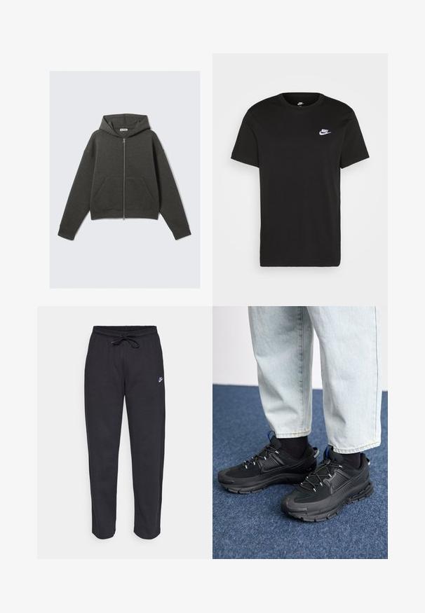 Czarnoszary skrócony hoodie z zamkiem błyskawicznym z przodu, kapturem ze sznurkiem oraz dwoma bocznymi kieszeniami. Posiada ściągacze na rękawach i miękką fakturę.; Czarna bawełniana koszulka z krótkim rękawem, okrągłym dekoltem i małym białym logo Nike na górnej lewej stronie klatki piersiowej. Gładka faktura. Klasyczny krój.; Czarne dresy wykonane z miękkiego materiału, z elastycznym pasem, sznurkiem do ściągania i małym logo Nike na lewej udzie.; Czarne buty sportowe z teksturowanej tkaniny i gumowymi podeszwami, z elastycznymi sznurówkami i niebieskim akcentem na pięcie. Noszone z jasnymi dżinsami.