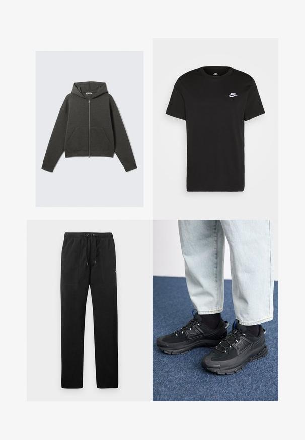 Dark gray cropped hoodie with a front zipper, drawstring hood, and two side pockets. Features ribbed cuffs and soft texture.; Black cotton T-shirt with short sleeves, round neck, and a small white Nike logo on the upper left chest. Smooth texture. Classic fit.; Black sweatpants made of fleece, featuring an elastic waistband with drawstrings, two front pockets, and a small logo on the thigh.; Black athletic shoes with textured fabric and rubber soles, featuring elastic laces and a blue accent on the heel. Worn with light denim pants.