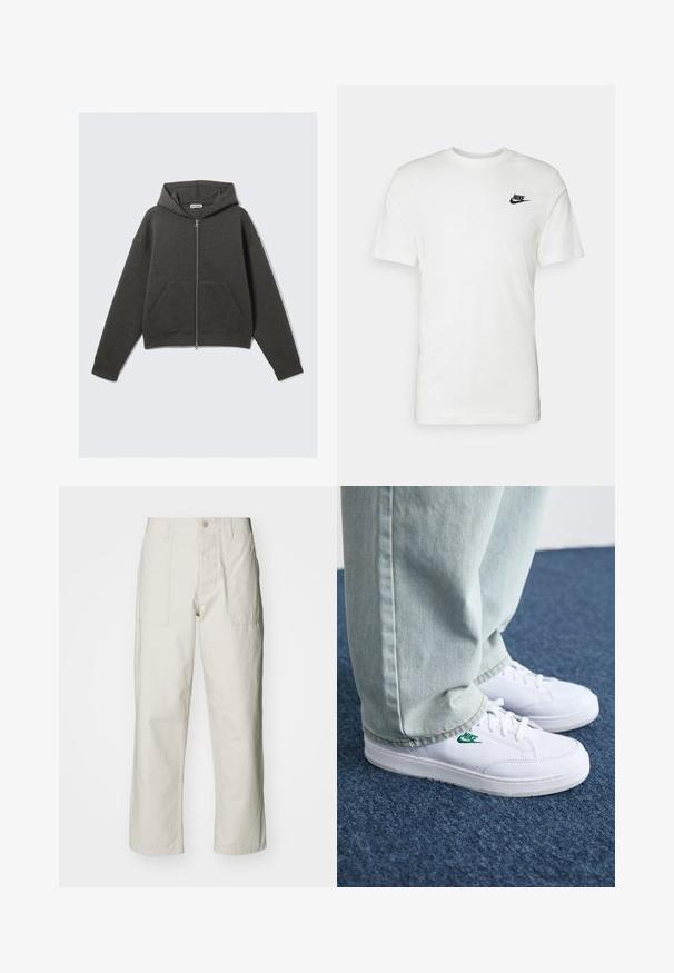 Haut de survêtement cropped gris foncé avec une fermeture éclair à l'avant, une capuche avec cordon de serrage et deux poches latérales. Présente des poignets côtelés et une texture douce.; T-shirt en coton blanc à manches courtes, encolure ronde et logo Nike noir sur la partie gauche de la poitrine. Texture lisse et coupe classique.; Pantalons larges beige clair en coton. Dotés de poches avant et d'une fermeture à bouton. Texture lisse avec de légères lignes verticales.; Baskets en cuir blanc avec logo Nike vert, bout rond, semelle plate, associées à un pantalon en denim bleu clair, présentées sur un tapis bleu.