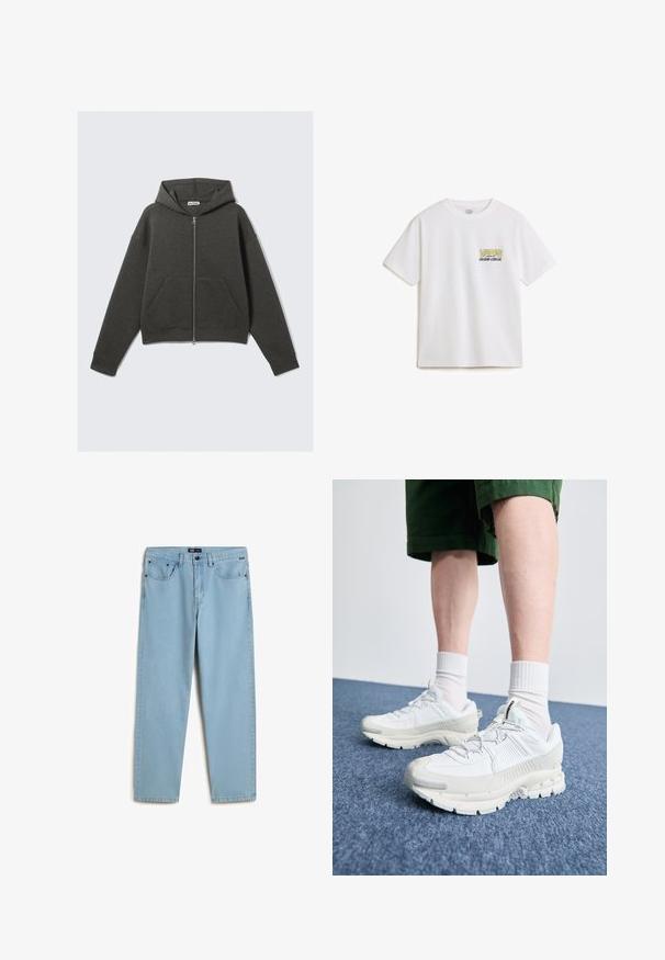 Felpa corta grigia scura con zip frontale, cappuccio con lacci e due tasche laterali. Caratterizzata da polsini a coste e una texture morbida.; T-shirt bianco in cotone a maniche corte, con il logo "VANS" giallo e nero e il testo "custom classic" nell'area del petto sinistro.; Jeans in denim azzurro chiaro con design a gamba dritta, cinque tasche e vita standard con etichetta sul retro.; Scarpe da ginnastica bianche con sovrapposizioni testurizzate, suola spessa e accenti grigi. Indossate con calze corte bianche e pantaloni corti verdi su una superficie blu.