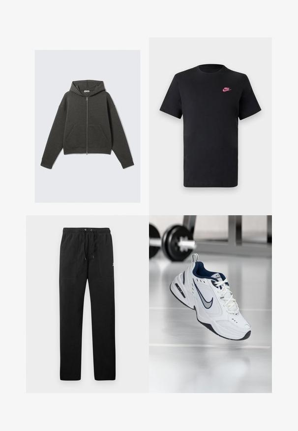 Donkergrijze cropped hoodie met een rits aan de voorkant, een trekkoord capuchon en twee zijzakken. Bevat ribgebreide manchetten en een zachte textuur.; Zwarte katoenen T-shirt met een ronde halslijn en korte mouwen. Bevat een roze Nike-logo aan de bovenkant aan de linkerzijde. Glad textuur.; Zwarte sweatpants van fleece, met een elastische tailleband met trekkoorden, twee voorzakken en een klein logo op de dij.; Witte sportieve schoen met een marineblauw accent, bovenwerk van mesh en leer, versterkte neus en een zwart rubberen zool. Voorzien van kenmerkende Nike branding.