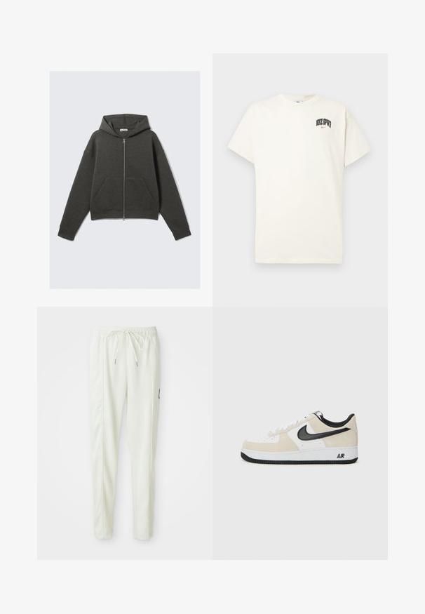 Tumši pelēks īss kapucis ar priekšējo rāvējslēdzēju, regulējamu kapuci un divām sānu kabatām. Iemūžināti ribotie piedurknes un mīksta tekstūra.; Kremkrāsas kokvilnas T-krekls ar īsām piedurknēm, ar uzrakstu "NIKE SB" melnā un sarkanā krāsā uz krūtīm. Standarta apaļa apkakle.; Baltas slaida griezuma bikses ar elastīgu jostu un auklu, ar sānu šuvēm un mazu melnu uzlīmi labajā kājā.; Sneakeri ar gaiši bež zamšas un baltas ādas augšdaļu, melnu Nike swoosh, melniem akcentiem un baltu gumijas zoli ar "AIR" zīmolu.