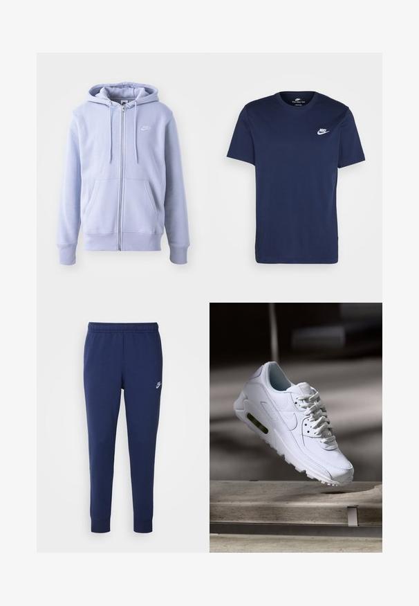 Lyseblå zip-up hettegenser laget av mykt stoff, med kengurulomme, snorhette og en liten hvit logo på brystet.; Mørkeblå bomulls T-skjorte med rund hals og korte ermer. Har en hvit Nike-logo på venstre bryst og en rett nedre kant.; Marineblå Nike joggebukser laget av myk bomullsblanding, med elastisk midje, smale ben og en liten hvit logo på siden.; Hvit lær sneakers med teksturerte overflater, polstret krage og synlig luftdemping i sålen. Har snøring og et minimalistisk design.
