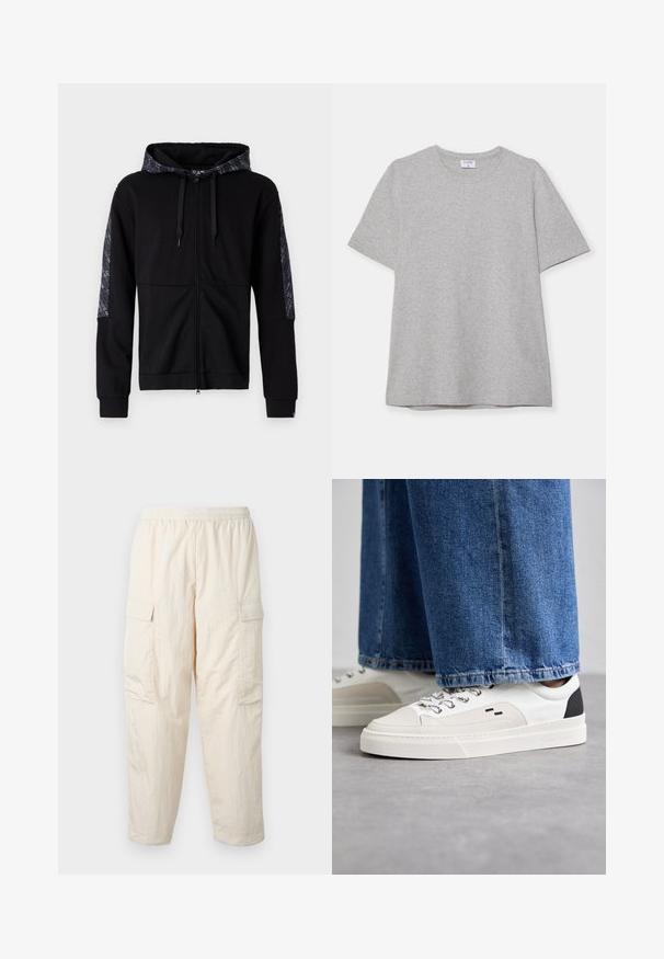 Svart hettejakke med glidelås og mønstret hette og sideakenter. Har snor, tettsittende ermer og en jevn tekstur. Enkel, moderne design.; Grå kortermet T-skjorte laget av myk, teksturert stoff. Har en klassisk rund hals og en rett kant, passende for uformell bruk.; Beige cargo bukser med elastisk talje, som har to sidelommer og et blødt, let stof. Stribet tekstur.; Hvite og svarte joggesko med en glatt læroverdel, teksturerte detaljer og en kraftig hvit såle. Har en klassisk snøring.