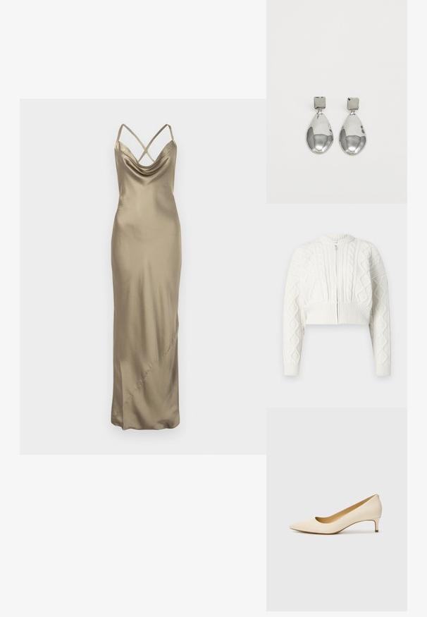 Trumpas baltas kardiganas su suknelės mezgimo raštu, apvaliu kaklu ir užtrauktuku. Turi guminį rankogalių ir apvado dizainą, užtikrinantį patikimą prigludimą.; Champagne spalvos satino slip suknelė su kryžminiais spaghetti petnešomis ir drapiruotu iškirpimu, ilgis iki žemės, su subtiliomis šoninėmis siūlėmis.; Smėlio spalvos, smailėjančio toe dizaino bateliai pagaminti iš sklandžios sintetinės medžiagos, su žemu kulnu ir užsidėjimu, papildytu subtiliu nugaros akcentu.; Sidabriniai lašo formos auskarai su kvadrato formos auskaru, turintys lygų, poliruotą paviršių ir ašarėlės formą, atsispindintys šviesoje su blizgiu paviršiumi.