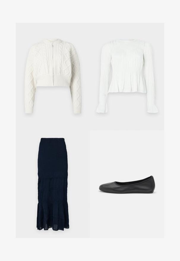 Afkortet hvid cardigan med kabelstrikket tekstur, rund halsudskæring og lynlås lukning. Har ribbede manchetter og kant for en sikker pasform.; Hvid bluse med lange ærmer, detaljeret med rynket stof, smocket liv og udvidede manchetter på en ensfarvet baggrund.; Mørkeblå midinederdel med smockdetalje, lagdelt flæsekant og tekstureret stof. Elastisk taljebånd for justerbar pasform.; Sort læderballetsko med rund tå, glat tekstur, minimal syning og et fleksibelt såldesign.