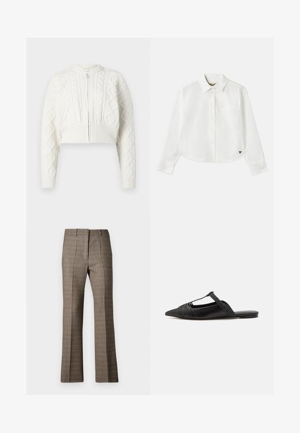 Cropped white cardigan with cable knit texture, round neckline, and zip closure. Features ribbed cuffs and hem for secure fit.; White cropped long-sleeve shirt made of cotton. Features a button-up front, a chest pocket, and a small black logo on the bottom left.; Brown plaid trousers with a straight leg cut, featuring a textured fabric and subtle colors of beige and darker browns throughout the pattern.; Black leather slingback shoe with a pointed toe, featuring a woven accent and pleated upper design. Flat sole with minimal hardware.