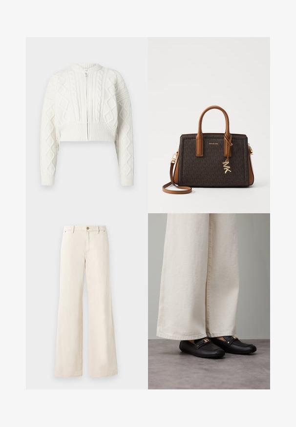 Afkortet hvid cardigan med kabelstrikket tekstur, rund halsudskæring og lynlås lukning. Har ribbede manchetter og kant for en sikker pasform.; Hvid ærmeløs top lavet af glat stof, med en rund hals og subtile plisseringer på skuldrene, samt en buet kant.; Beige brede bukser lavet af bomuld med en glat tekstur. Har en knaplukning, forlommer og et klassisk taljedesign.; Sorte læderloafers med gyldent hardware-detalje, båret med brede, cremefarvede bukser, som viser en glat tekstur og en rund form.; MICHAEL Michael Kors LAILA SATCHEL - Håndtasker - brown