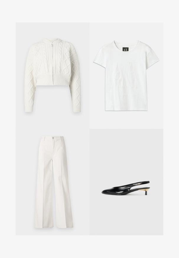 Cardigan bianco accorciato con texture a trecce, scollatura rotonda e chiusura con zip. Presenta polsini e orlo a coste per una vestibilità sicura.; T-shirt in cotone bianco con maniche corte, caratterizzata da un logo in rilievo "AX" sul davanti e il testo "ARMANI EXCHANGE" sottostante in un design sobrio.; Pantaloni bianchi a gamba larga realizzati in cotone con una texture liscia. Presentano un bottone anteriore, una zip e un design a quattro tasche.; Pump slingback neri con punta affusolata, finitura in pelle lucida e tacco piccolo con accento dorato. Design elegante con schienale aperto.