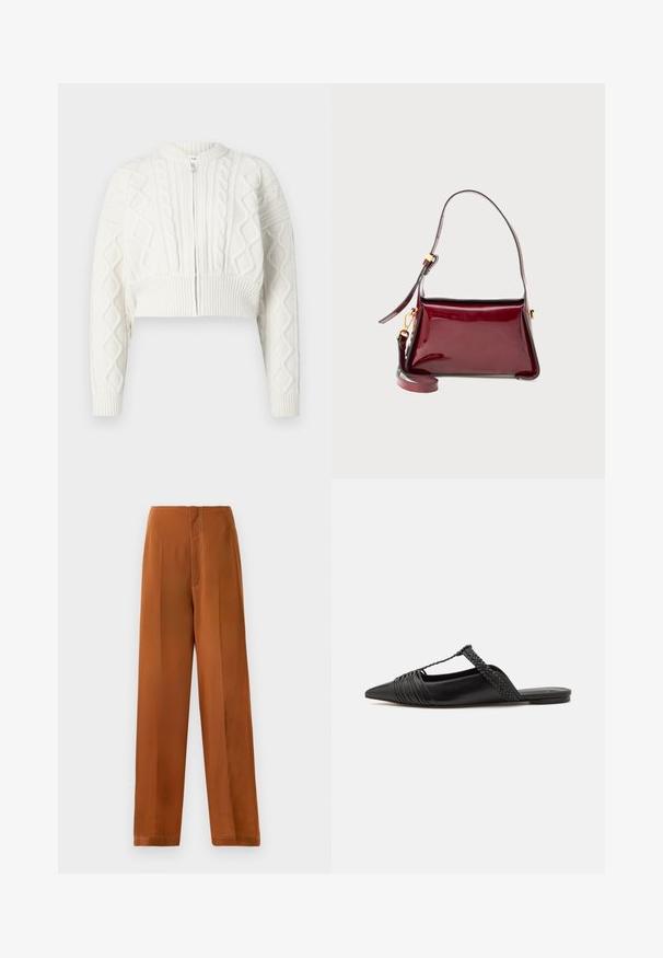 Afkortet hvid cardigan med kabelstrikket tekstur, rund halsudskæring og lynlås lukning. Har ribbede manchetter og kant for en sikker pasform.; Kortærmet polo top i creme med sorte striber. Har en knaplukning, strikket tekstur og åbenarbejdsdesign for ventilation.; Viddebukser i en varm brun farve med en glat tekstur, høj talje og kontrasterende hvid syning langs sømmene.; Sort læderslyngeback sko med spids tå, der har en vævet detalje og en plisseret overdel. Flad sål med minimal hardware.; Bordeaux patenteret lædertaske med en struktureret design, en lynlåslukning i toppen og en aftagelig skulderrem. Gyldne hardware-detaljer.
