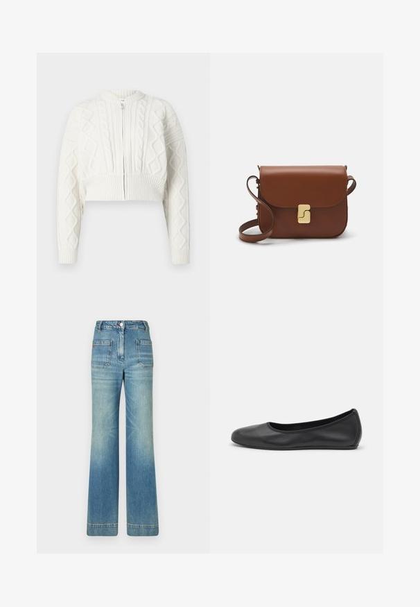 Strihaný biely kardigán s káblovým vzorom, okrúhlym výstrihom a zipsovým zapínaním. Má rebrované manžety a lemovanie pre pevné upevnenie.; Biela krátka tričko s krátkymi rukávmi vyrobené z rebrovanej látky. Klasický okrúhly výstrih, bežný strih a jemné švy. Bez vzorov alebo grafiky.; Svetlomodré rifľové rozšírené džínsy s piatimi vreckami, pútkami na opasok, zapínaním na gombík a mierne blednutou textúrou, s červeným logom na zadnej strane.; Čierne kožené baleríny s okrúhlou špičkou, hladkým povrchom, minimálnym prešívaním a flexibilným dizajnom podrážky.; Hnedá kožená kabelka s klopou, zlatými kovovými prvkami, ramenným popruhom a hladkým povrchom. Kompaktný obdĺžnikový tvar.