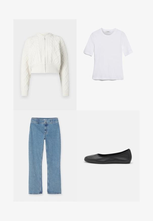 Cardigan bianco accorciato con texture a trecce, scollatura rotonda e chiusura con zip. Presenta polsini e orlo a coste per una vestibilità sicura.; T-shirt bianca a maniche corte realizzata in tessuto a costine. Collo rotondo, vestibilità regolare e dettagli di cucitura sottili. Senza motivi o grafiche.; Jeans in denim blu chiaro con gamba dritta, chiusura con bottone e zip, passanti per cintura e cuciture standard su sfondo bianco.; Pantofole da balletto nere in pelle con punta arrotondata, texture liscia, dettagli di cucitura minimi e design con suola flessibile.