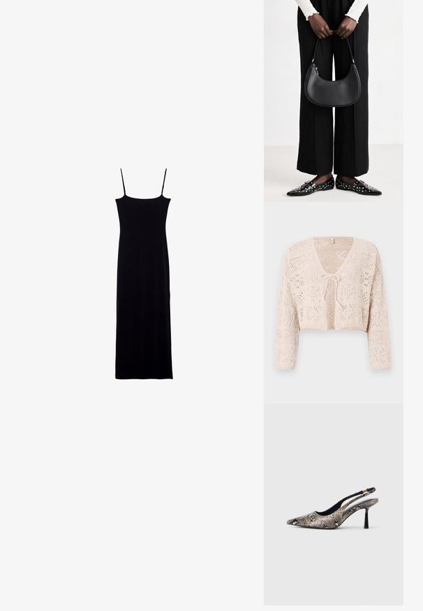 Bež pleteni kardigan z odprtim sprednjim delom, dolgimi rokavi in vezanjem. Ima geometrijske vzorce in skrajšano zasnovo.; Črna brezrokavna obleka s pravokotno silhueto, izdelana iz mehke tkanine. Ima tanke spageti naramnice in je dolga do tal.; Cipele s izrezanim leđima i uskim potplatom, s karakterističnim oblikom na vrhu i teksturiranim uzorkom zmijske kože, imaju tanke crne potpetice i otvoreni dizajn sa strane.; Črna usnjena torba za ramo z zaokroženo obliko, sijajno površino in srebrnimi dodatki. Oseba nosi črne široke hlače in loaferje s konicami.