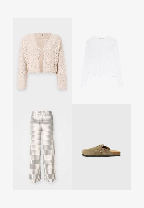 Cardigan bej croșetat, cu deschidere în față, mâneci lungi și închidere cu fundă. Prezintă modele geometrice și un design scurt.; Top alb cu mâneci lungi și guler rotund. Are un design ajustat, textură de material neted și un tiv ușor scurt.; Pantaloni largi din material ușor, cu dungi orizontale în nuanțe de bej și alb. Talie elastică cu șnur de închidere.; Papuci de tip saboți din piele întoarsă, de culoare verde măsliniu, cu o curea îngustă și detaliu cu cataramă metalică. Are o talpă interioară din plută și talpă exterioară din cauciuc negru.