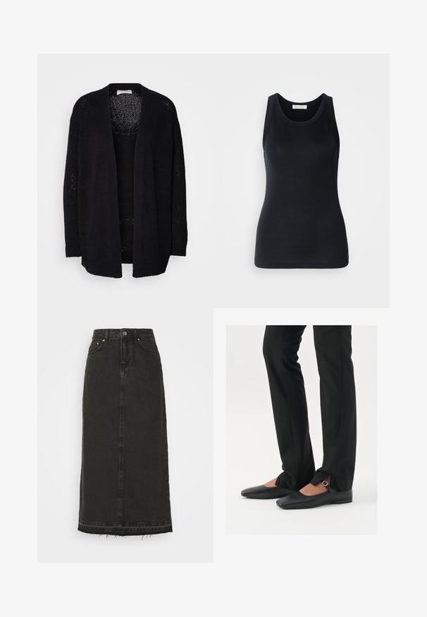 Cardigan lung negru, realizat dintr-un material tricotat, cu un front deschis lejer, mâneci lungi și un design texturat cu mici găuri.; Top negru fără mâneci, fabricat dintr-un material moale și elastic. Are un decolteu rotund și bretele late, cu o siluetă ajustată și o textură fină.; Fustă midi din denim negru cu talie ajustată, închidere frontală cu butoane și tiv desfăcut. Prezintă un design clasic cu cinci buzunare și o textură ușor pronunțată.; Balerini din piele neagră, cu vârf ascuțit, curea cu cataramă argintie, asortați cu pantaloni negri tailoring cu tiv despicat.