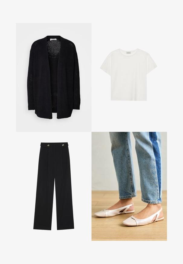 Black long cardigan made of knitted fabric, featuring a loose open front, long sleeves, and a textured design with small holes.; White short-sleeve T-shirt made of soft cotton. Features a round neckline and relaxed fit. Clean design with no visible patterns or accents.; Black wide-leg trousers with high waist, button details on waistband, and front pleats.; Pale pink slingback flats with a pointed toe, made from a smooth leather-like material. Features cut-out details at the sides and a flat heel.