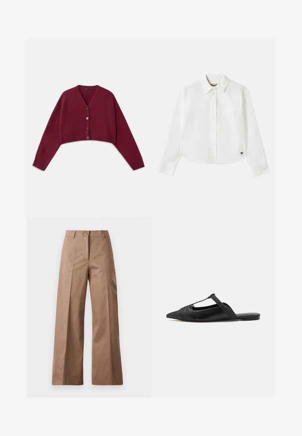 Burgundowa, krótka dzianinowa kardigan z dekoltem V, pięcioma guzikami i prążkowanymi mankietami. Miękka tekstura, luźny krój i opadające ramiona.; Biały, krótki, długi rękaw koszuli wykonanej z bawełny. Posiada zapięcie na guziki z przodu, kieszeń na piersi oraz małe czarne logo w lewym dolnym rogu.; Brązowe spodnie szerokie, wykonane z gładkiego materiału, z zamknięciem na guzik z przodu, dwiema przednimi kieszeniami oraz czystymi, dopasowanymi liniami.; Czarny skórzany but na odkrytej pięcie z pointed toe, ozdobiony plecionym akcentem i plisowanym wzorem górnej części. Płaska podeszwa z minimalnymi elementami.