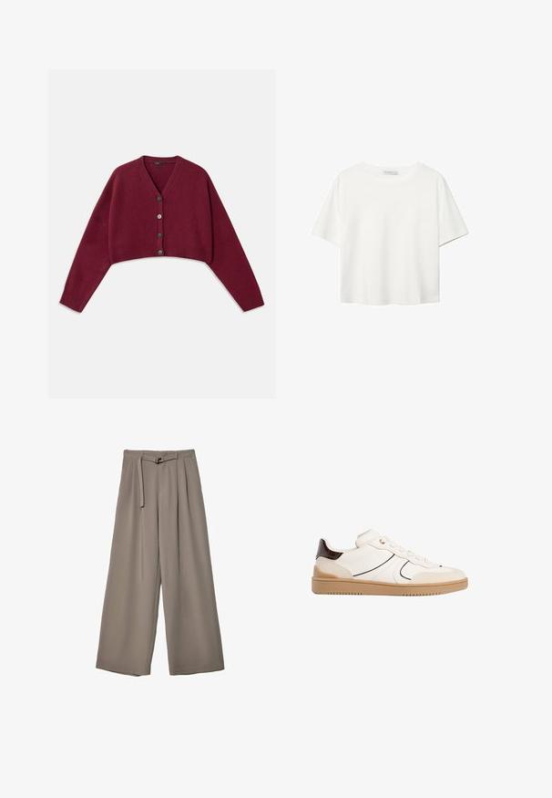 Cardigan in magenta corto a maglia con scollatura a V, chiusura a cinque bottoni e polsini a costine. Tessuto morbido con vestibilità rilassata e spalle scese.; T-shirt bianco a maniche corte realizzato in cotone. Presenta un collo tondo e una vestibilità rilassata. Texture liscia senza motivi o dettagli visibili.; Pantaloni a gamba larga in un morbido tessuto grigio tenue, con vita con cintura e pieghe per un tocco di design aggiuntivo. Texture liscia, senza motivi.; Stradivarius Sneakers basse - white