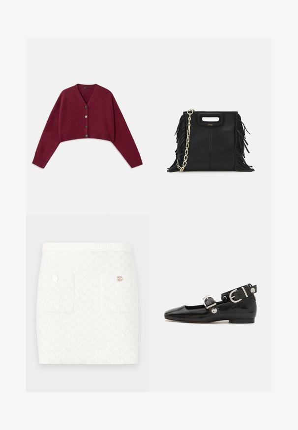 Bordeaux skrátený pletený kardigán s výstrihom do V, päťgombíkovým zapínaním a rebrovanými manžetami. Mäkka textúra s voľným strihom a spadnutými ramennými švami.; Námornícky pruhovaný polo tričko s špicatým golierom, krátkymi rukávmi a dvoma prednými vreckami so zacvakávacími gombíkmi; zvýraznené bielymi stehovými akcentmi.; Krátka biela sukňa s textúrovaným vzorom, s dvoma prednými vreckami a dekoračnými zlatými gombíkmi. Elastický pás pre pohodlie.; Čierne lakované baleríny so štvorcovou špičkou, remienkom okolo členka so striebornými prvkami a plochou podrážkou. Hladký povrch s minimalistickým dizajnom.; Čierna kožená kabelka s strapcami, zlatým reťazovým ramenným popruhom a vykrojenou rukoväťou. Na prednej strane sa nachádza logo.