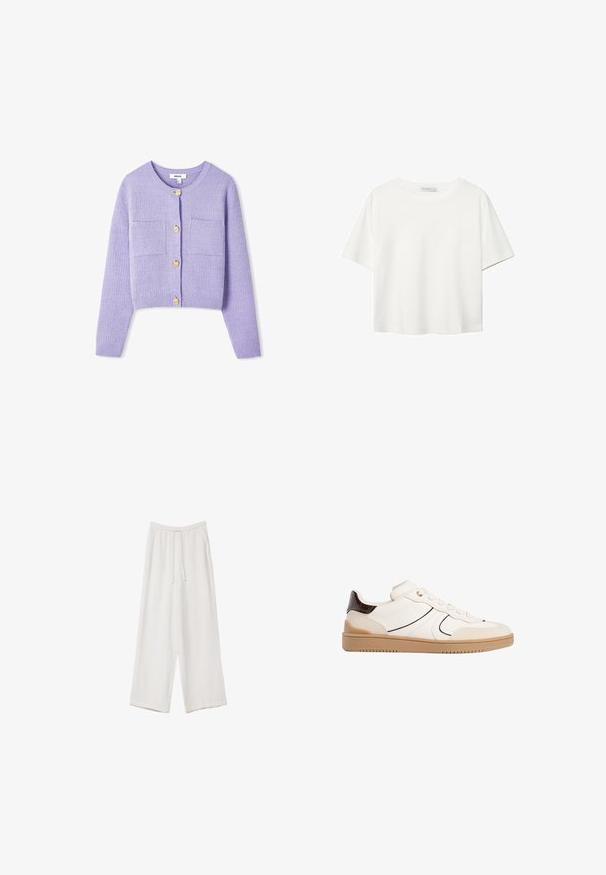 Lila zkrácený kardigan s texturovaným pletením, kulatým výstřihem, dvěma předními kapsami a zlatými knoflíky.; Bílý krátký rukáv tričko vyrobené z bavlny. Má kulatý výstřih a volný střih. Hladký materiál bez viditelných vzorů nebo akcentů.; Bílé široké kalhoty vyrobené z lehké tkaniny. Mají elastický pas se šňůrkou a boční kapsy. Hladká textura.; Stradivarius Tenisky - white