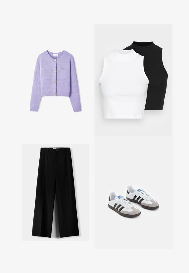 Lila zkrácený kardigan s texturovaným pletením, kulatým výstřihem, dvěma předními kapsami a zlatými knoflíky.; Dvě bezrukávové halenky s ribovým stojáčkem v černé a bílé barvě, které mají přiléhavý střih a hladkou texturu, s krácenou délkou.; Černé široké kalhoty z lehkého materiálu s předním zapínáním na knoflík a hladkým předním dílem, s pečlivě přišitými lemy.; Sportovní boty s bílým koženým svrškem, šedou semišovou špičkou a třemi černými pruhy. Obsahují modré logo na jazyku a texturovanou gumovou podrážku.