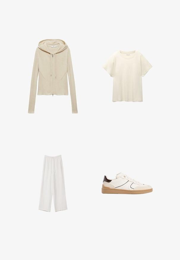 Mango Kardigan - off-white; Svetle béžové tričko s krátkým rukávem a kulatým výstřihem, vyrobené z jemné, hladké tkaniny. Má uvolněný střih a rovný lem.; Bílé široké kalhoty vyrobené z lehké tkaniny. Mají elastický pas se šňůrkou a boční kapsy. Hladká textura.; Stradivarius Tenisky - white
