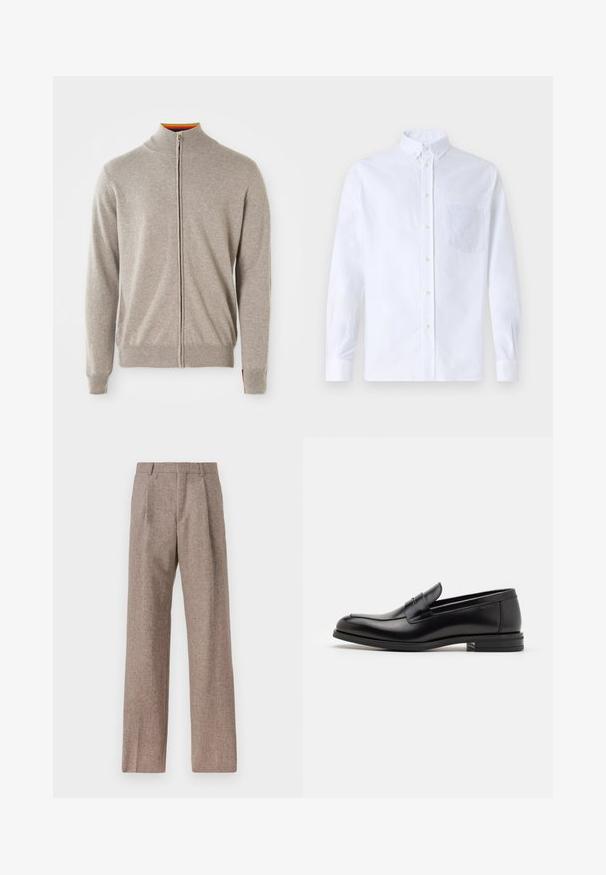 Könnyű szürke kötött zipzáras pulóver. Magas nyakkal, bordázott mandzsettával és alsó résszel rendelkezik. A nyak belsején színes részlet található. Puha tapintású.; Fehér, hosszú ujjú, gombos ing pamutból, mellzsebbel, tónusos hímzéssel, gallérral és gombos mandzsettával.; Barna, magas derekú nadrág texturált anyagból. Széles szárai és két elülső redője biztosítja a struktúrát. Ízléses kivitel, látható fémszerelés nélkül.; Fekete bőr loaferek sima textúrával, kerek orral és dekoratív pánttal a vampnál. Alacsony, rétegelt sarkú, minimalista dizájn.