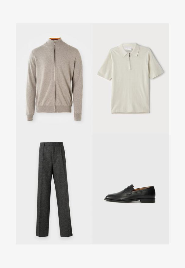 Knit zip-up sweater in light gray. Features a high collar, ribbed cuffs, and hem. Inside collar displays a colorful accent. Soft texture.; Short-sleeve polo shirt in light beige with a zippered collar. Made of smooth fabric, features a simple, modern design without patterns.; Gray tailored trousers made of textured fabric, featuring two front pleats and a straight-leg design. No visible pockets or embellishments.; Black leather loafer with a rounded toe, subtle stitched detailing, and a low heel, featuring a smooth texture and minimalist design.