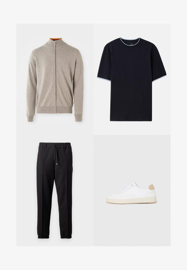 Pleteni zip-up pulover v svetlo sivi barvi. Ima visok ovratnik, rebraste manšete in rob. Notranji ovratnik prikazuje barvit poudarek. Mehka tekstura.; Temno modra kratka majica s kratkimi rokavi in okroglim izrezom, s svetlo modrimi poudarki na ovratniku in rokavih. Narejena iz mehke bombažne tkanine.; Črne hlače z pasom, vrvico in elastičnimi manšeti. Imajo nabore in gladko teksturirano blago.; Bele nizke superge z zgornjim delom iz teksturirane usnjene površine, smetano obrobljenim podplatom in svetlo rjavo akcentom na peti. Imajo bele vezalke in podrobnost z logotipom na peti.