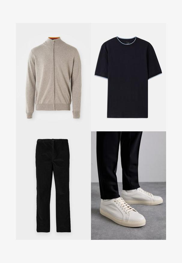 Šviesiai pilka megzta užtraukiama striukė. Turi aukštą apykaklę, raukiniais apdorotas rankogalius ir apačią. Apykaklės viduje matoma spalvinga detalė. Minkšta tekstūra.; Tamsiai mėlynas trumpas rankovės marškinėlis su apvalia iškirpte, su šviesiai mėlynu akcentu ant apykaklės ir rankovių. Pagamintas iš švelnaus medvilnės audinio.; Juodos tiesios blizgančios aksominės kelnės su elastinga juosmena ir priekyje esančia raišteliu, eksponuojamos prieš paprastą baltą foną.; Šviesūs smėlio spalvos odiniai sportbačiai su plokščiomis raišteliais, tekstūruotu paviršiumi ir kontrastinga kreminės spalvos gumine padu, derinami su juodomis siaurėjančiomis kelnėmis.