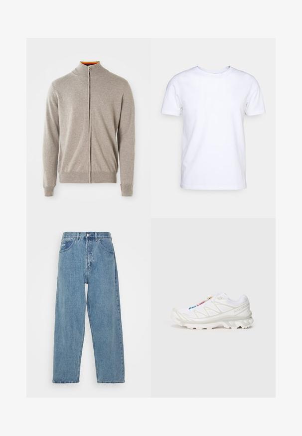 Gebreide rits-sweater in lichtgrijs. Beschikt over een hoge kraag, geribbelde manchetten en zoom. Binnenkant van de kraag toont een kleurrijke accent. Zachte textuur.; Witte katoenen t-shirt met korte mouwen en een ronde hals. Eenvoudig ontwerp zonder patronen of accenten. Glad textuur.; Lichtblauwe denim jeans met een hoge taille, ontspannen pasvorm, met twee zijzakken, een achterzak met patch en een knoopsluiting.; Witte sportieve schoen met een gestructureerde mesh bovenkant, reflecterende accenten en een gevoerde zool. Opvallend merklogo aan de zijkant.