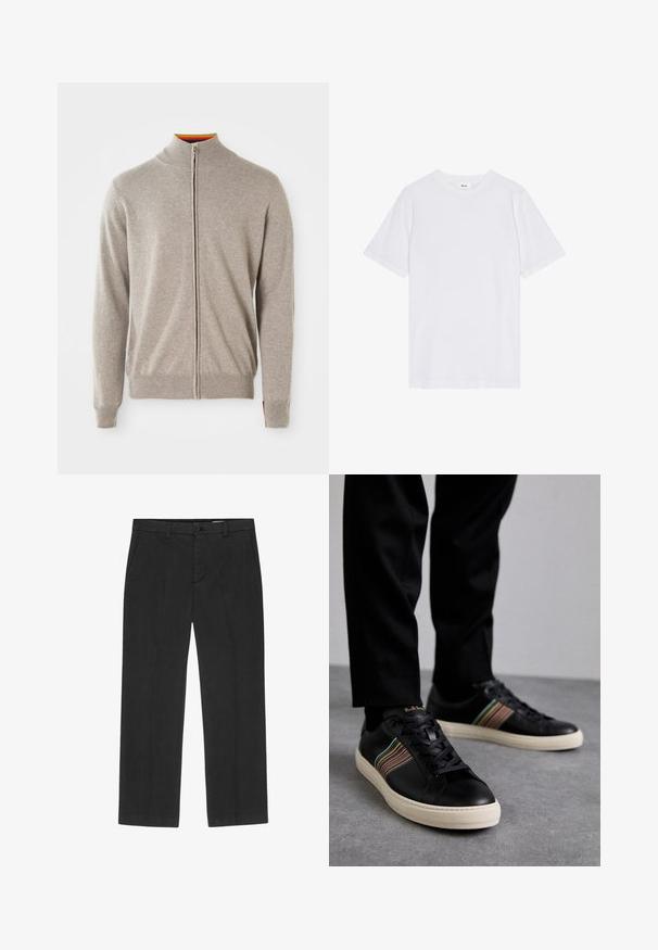 Maglione con zip in grigio chiaro. Presenta un colletto alto, polsini e orlo a coste. Il colletto interno mostra un accento colorato. Tessuto morbido.; T-shirt bianca, maniche corte, collo rotondo, realizzata in cotone, presenta una texture liscia, orlo dritto e un design minimalista senza motivi.; Pantaloni neri con design a gamba dritta, realizzati in un tessuto leggero. Presentano tasche frontali e chiusura con bottone. Texture liscia.; Sneaker in pelle nera con accenti a strisce multicolori, punta rotonda e suole in gomma bianca, dotate di chiusura con lacci e marchio in rilievo.