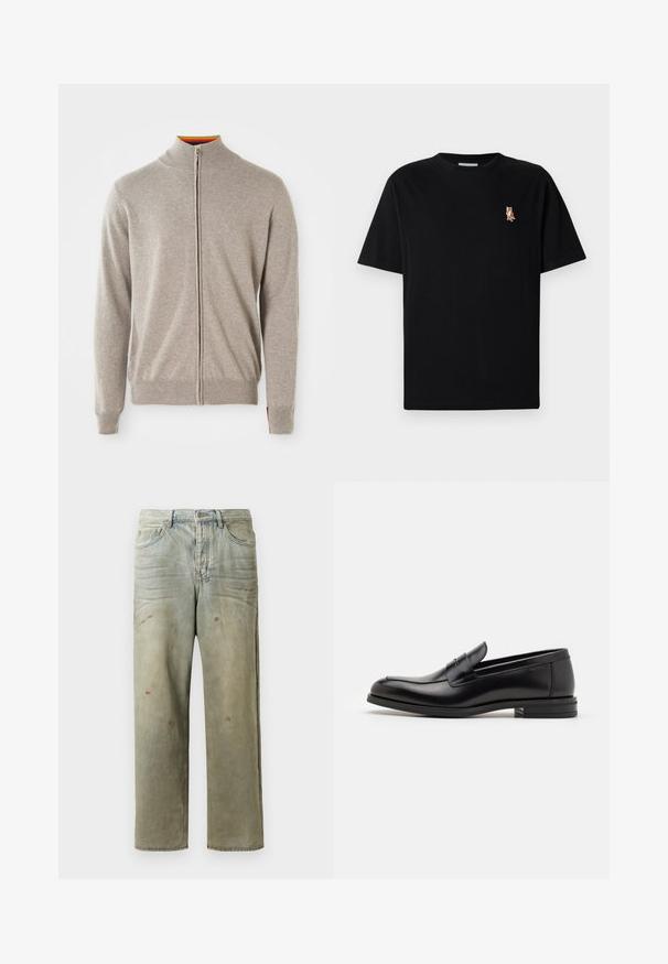 Knit zip-up sweater in light gray. Features a high collar, ribbed cuffs, and hem. Inside collar displays a colorful accent. Soft texture.; Black short-sleeve crew neck t-shirt with small embroidered orange fox logo on left chest.; Distressed denim jeans in light green, featuring a straight leg, five-pocket design, and uneven fading with paint splatters.; Black leather loafers with a smooth texture, rounded toe, and a decorative strap across the vamp. Low stacked heel, minimalist design.