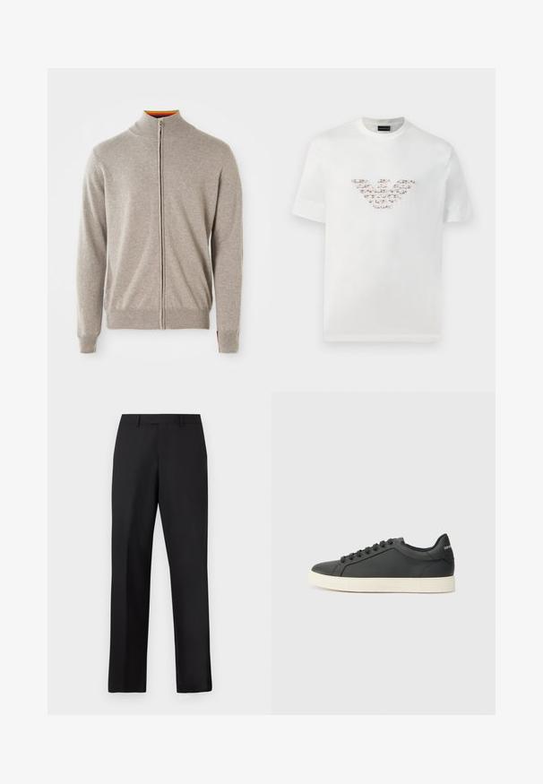 Könnyű szürke kötött zipzáras pulóver. Magas nyakkal, bordázott mandzsettával és alsó résszel rendelkezik. A nyak belsején színes részlet található. Puha tapintású.; Fehér pamut póló rövid ujjakkal és kerek nyakkivágással. Középen rózsaszín és barna árnyalatokkal ellátott logó díszítéssel rendelkezik.; Fekete, egyenes szárú nadrág sima anyagból. Standard derékpánttal rendelkezik, és nincsenek látható minták vagy díszítések.; Fekete bőr sportcipő alacsony profilú, lekerekített orral és fűzős záródással; texturált gumitalppal és logó részlettel a saroknál.
