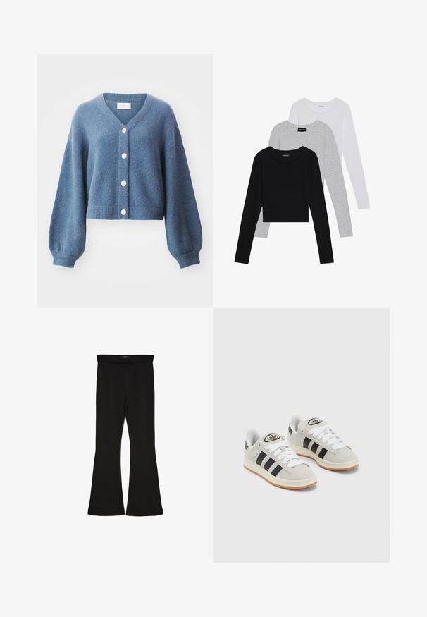 MSCH Copenhagen HOPE CARDIGAN - Kardigán - bluefin; Tričko s dlhým rukávom v troch farbách: čiernej, sivej a bielej. Každé má okrúhly výstrih a skrátený strih vyrobený z hladkej, ľahkej tkaniny.; Čierne legíny s flared strihom vyrobené z elastického materiálu. Majú široký pás a hladkú textúru, s priliehavým siluetom, ktorý sa na okraji rozširuje.; Sivé semišové tenisky s bielymi šnúrkami, čiernymi pruhmi a bielou gumovou podrážkou. Obsahujú okrúhly logo na jazyku a gumenú podrážku.