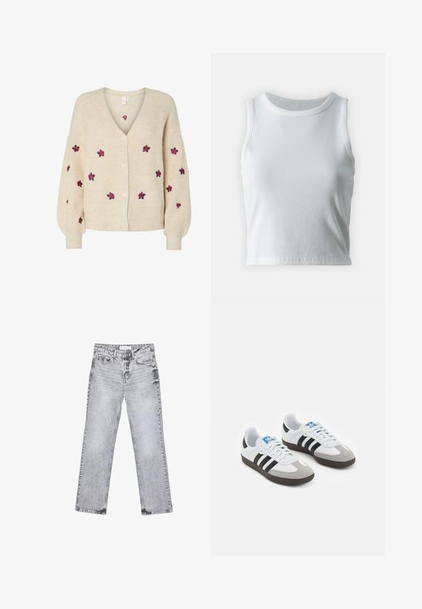 Cardigan lavorato a maglia beige con scollo a V, texture a coste, chiusura frontale con cinque bottoni e rose ricamate di colore rosa. Maniche lunghe con polsini aderenti.; Top a canotta bianco a coste con scollatura rotonda e senza maniche, caratterizzato da un orlo dritto e una texture liscia e elastica.; Jeans in denim grigio con taglio dritto, dettagli sfilacciati, cinque tasche e rivetti in rame. La cintura presenta un'etichetta con il logo.; Scarpe sportive con tomaia in pelle bianca, punta in suede grigia e tre strisce nere. Presentano un logo blu sulla linguetta e una suola in gomma testurizzata.